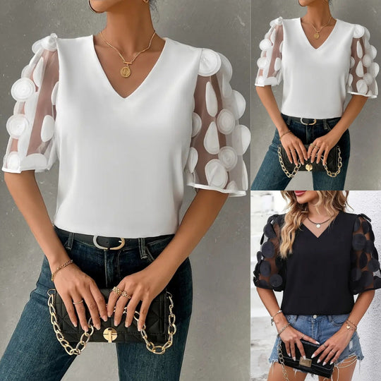 Damen V-Ausschnitt Bluse mit transparenten Rüschensäumen