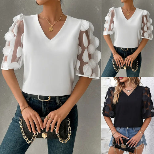 Damen V-Ausschnitt Bluse mit transparenten Rüschensäumen