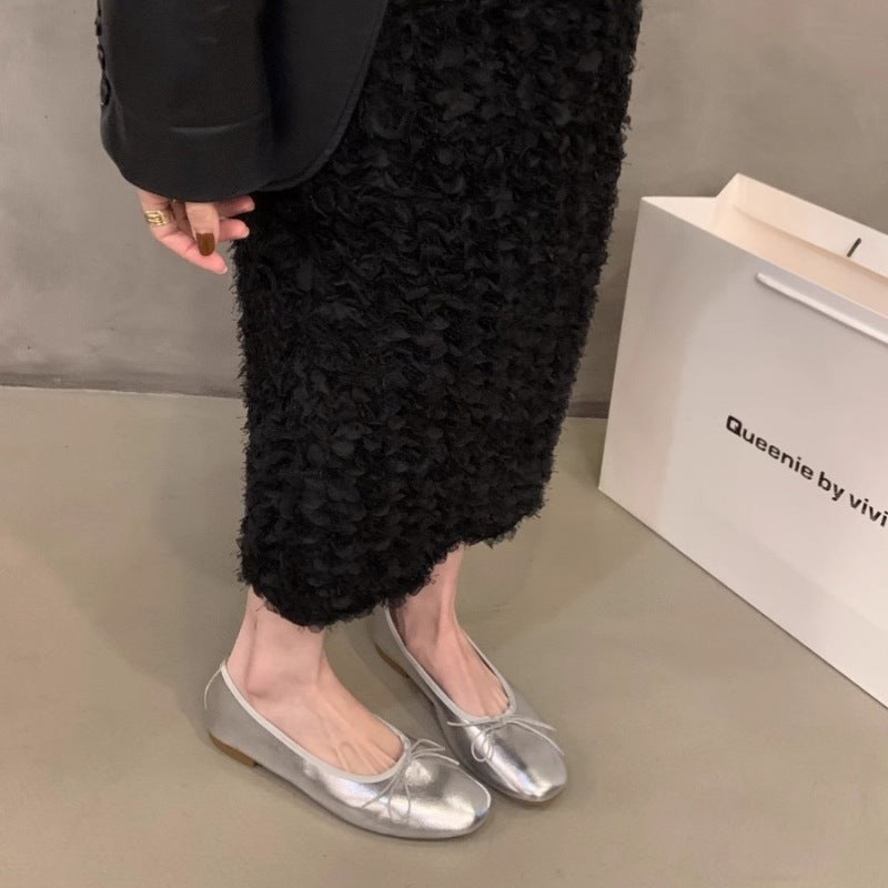 Damen Ballerinas mit funkelnder Metallic-Oberfläche und zartem Schleifendesign