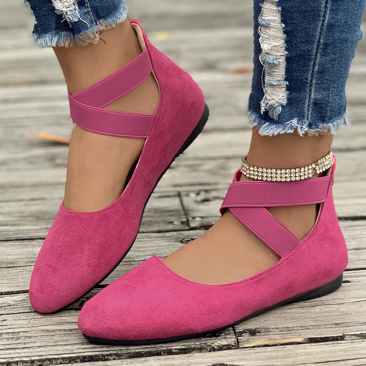Damen Ballerina mit elastischen Riemen und komfortablem Fußbett Shopnory