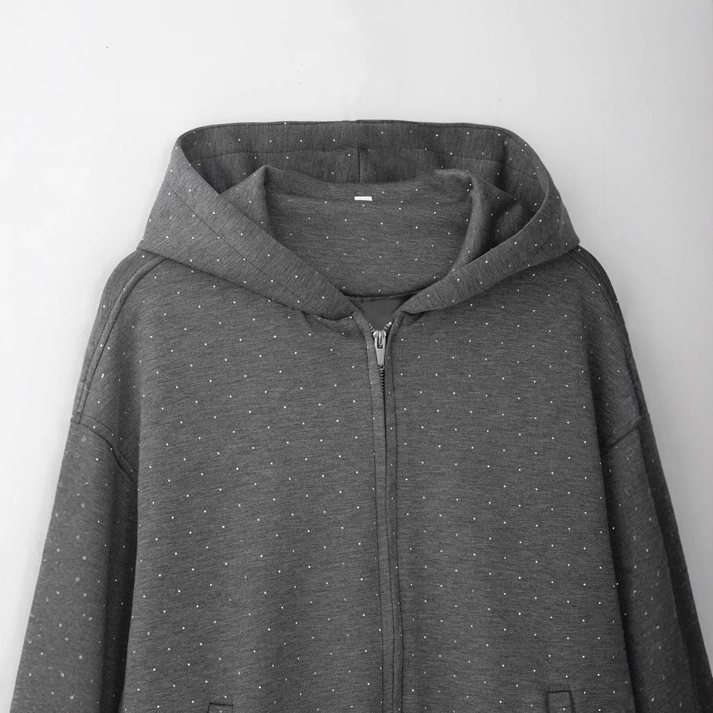 Damen Oversized Kapuzenjacke mit durchgehendem Reißverschluss, elastischem Saum und dezentem Punktmuster Shop Nory