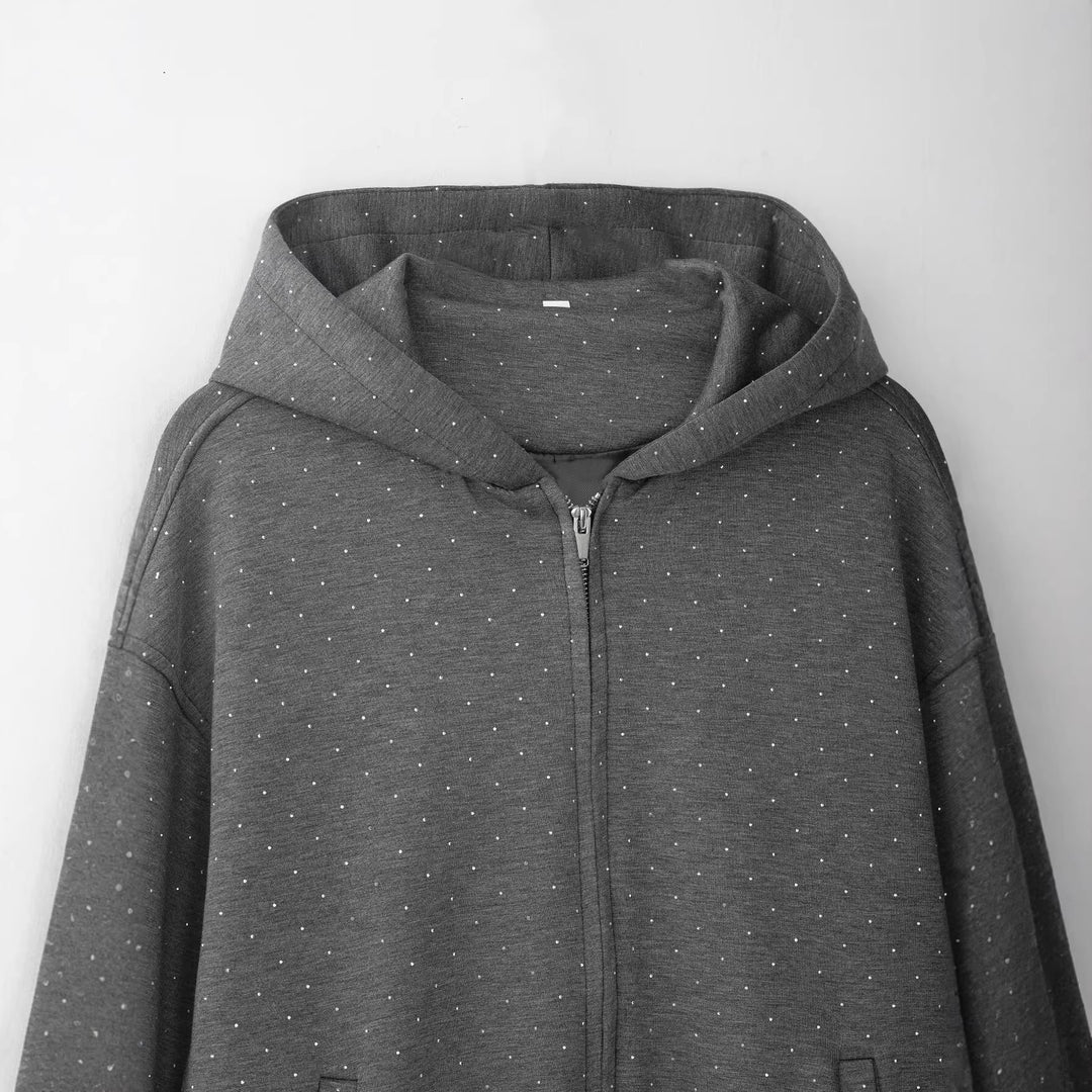 Damen Oversized Kapuzenjacke mit durchgehendem Reißverschluss, elastischem Saum und dezentem Punktmuster Shop Nory