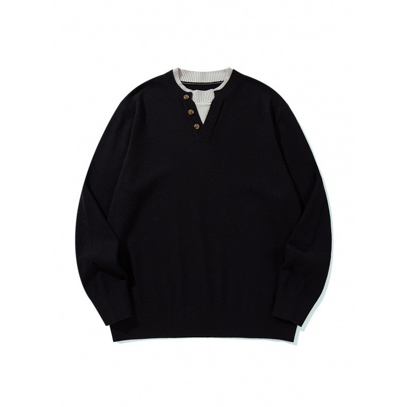 Unisex Strickpullover mit Henley-Knopfleiste, Kontrastkragen und Boxy‑Schnitt Shop Nory