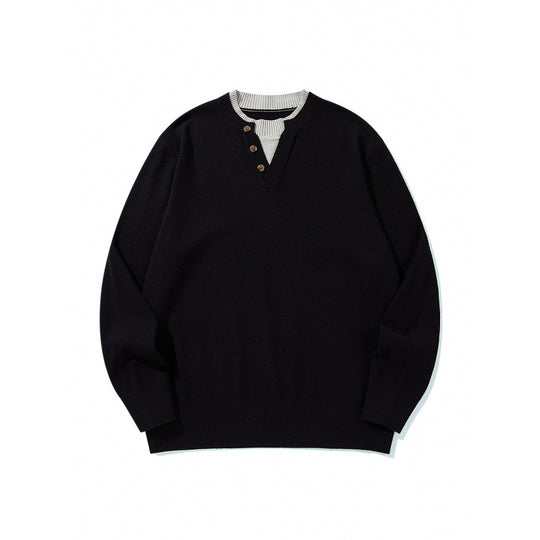 Unisex Strickpullover mit Henley-Knopfleiste, Kontrastkragen und Boxy‑Schnitt Shop Nory