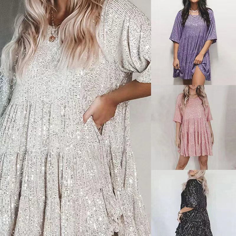 Damen funkelndes Mini-Kleid mit Pailletten und weitem Schnitt