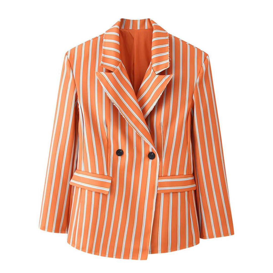 Damen doppelreihiger Blazer mit senkrechtem Streifenmuster und ausgefranstem Revers Shop Nory
