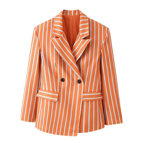 Damen doppelreihiger Blazer mit senkrechtem Streifenmuster und ausgefranstem Revers Shop Nory