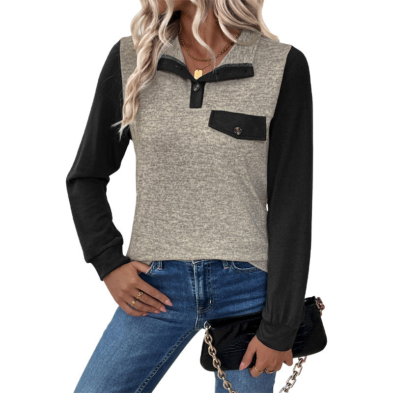 Damen Two‑Tone Langarmshirt mit Kontrastärmeln, Henley‑Knopfleiste und Brusttasche Shop Nory