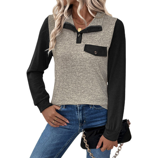 Damen Two‑Tone Langarmshirt mit Kontrastärmeln, Henley‑Knopfleiste und Brusttasche Shop Nory