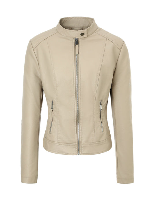 Damen Slim-Fit Biker-Lederjacke mit Stehkragen Shop Nory