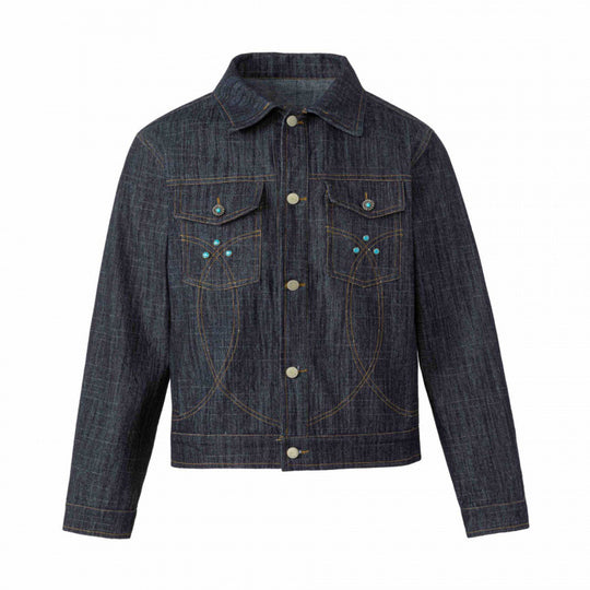 Unisex Kurz geschnittene Boxy-Denimjacke mit dekorativen Ziernähten und Türkis‑Studs Shop Nory