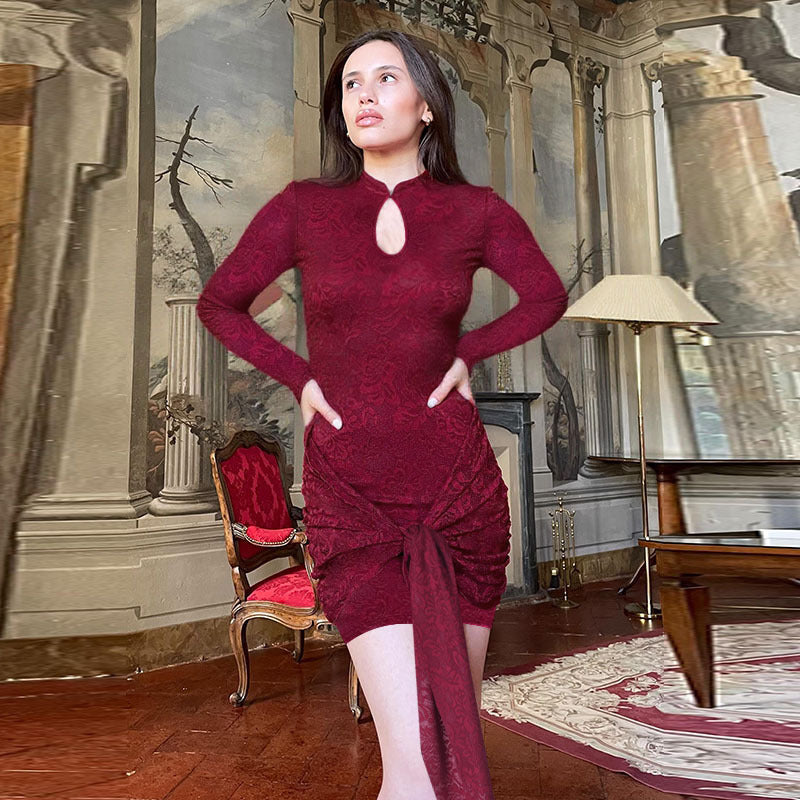 Damen Tailliertes Jacquard-Minikleid mit Drapé-Knoten und Langarm Shop Nory