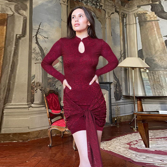 Damen Tailliertes Jacquard-Minikleid mit Drapé-Knoten und Langarm Shop Nory