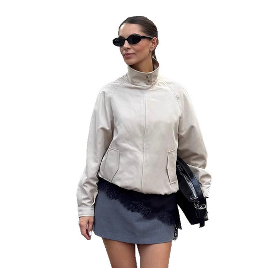 Damen Leichter taillierter Cropped-Bomber mit hohem Stehkragen und Raglanärmeln Shop Nory