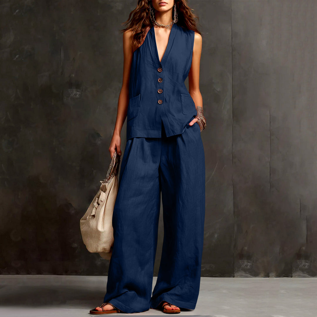 Damen Ärmelloses Longline-Westen und Palazzo-Hosen Set aus Leinenoptik Shop Nory