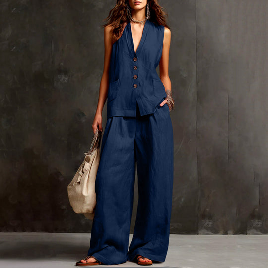 Damen Ärmelloses Longline-Westen und Palazzo-Hosen Set aus Leinenoptik Shop Nory