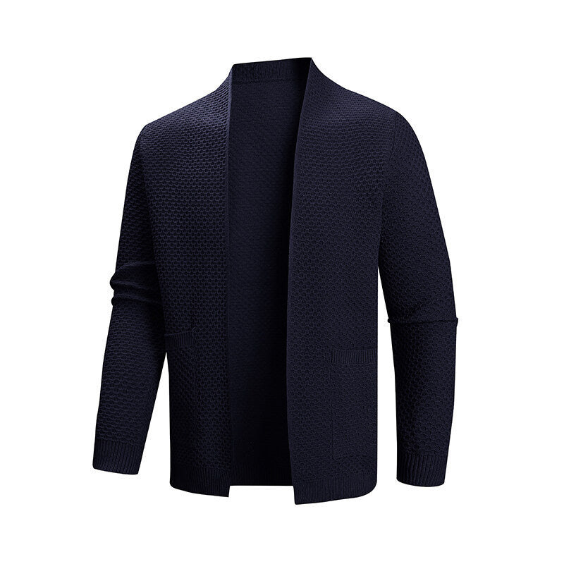 Herren offener Waffelstrick-Cardigan mit Schalkragen, aufgesetzten Taschen und gerippten Bündchen Shop Nory