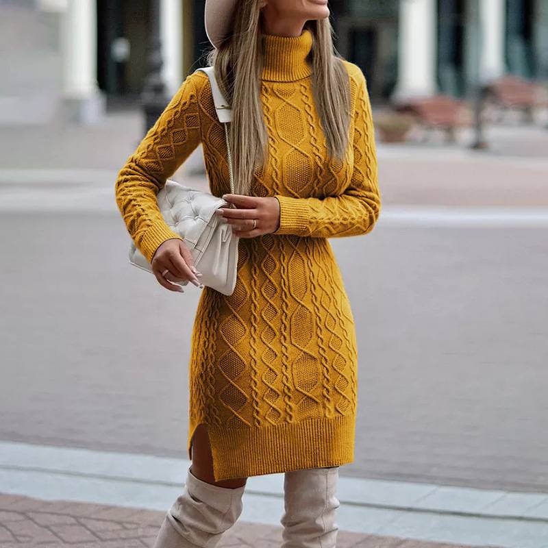 Damen nan figurbetontes Strickkleid mit Rollkragen, Zopfmuster, seitlichem Schlitz und geripptem Saum Shop Nory