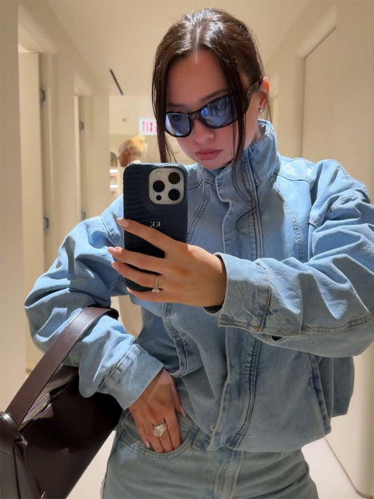 Damen Cropped Denimjacke im Bomberstil mit hohem Stehkragen und oversized Ärmeln Shop Nory