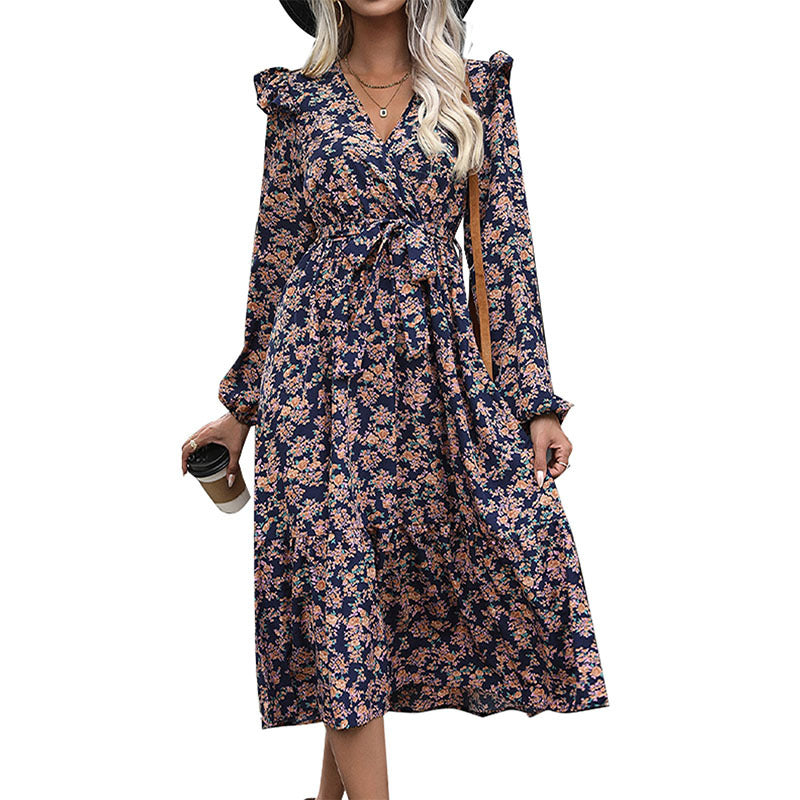 Damen Wickel-Midikleid mit V‑Ausschnitt, Volant-Schultern & Taillenband Shop Nory