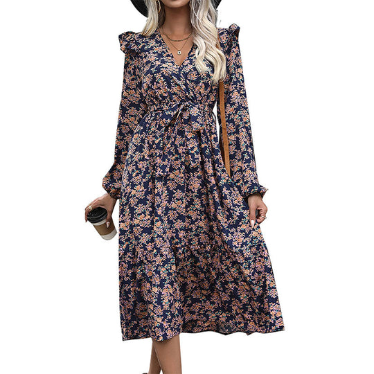 Damen Wickel-Midikleid mit V‑Ausschnitt, Volant-Schultern & Taillenband Shop Nory