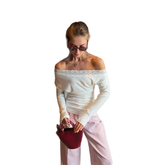 Damen Schmal geschnittenes Off-Shoulder Feinstrick-Top mit Spitzenkante Shop Nory