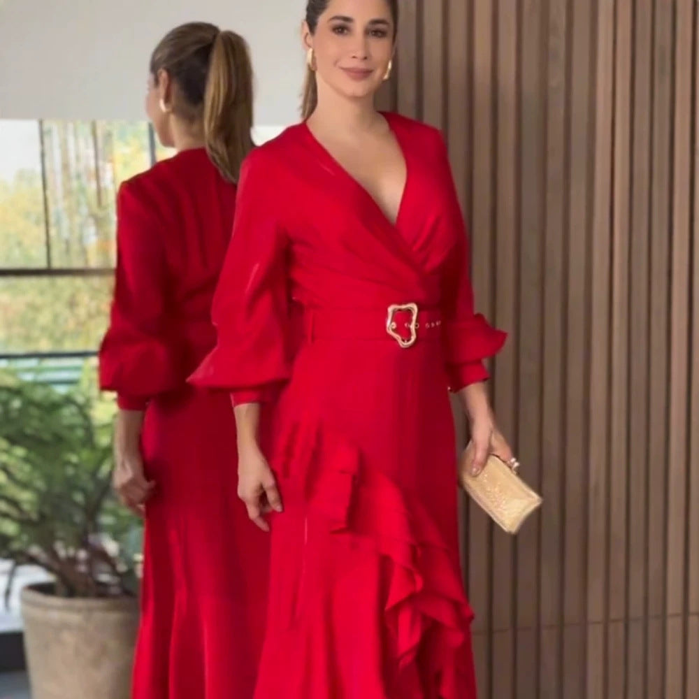 Damen Elegantes Wickel-Maxikleid mit Volants, tailliertem Gürtel & weitem Glockenärmel Shop Nory