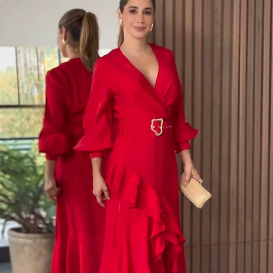 Damen Elegantes Wickel-Maxikleid mit Volants, tailliertem Gürtel & weitem Glockenärmel Shop Nory