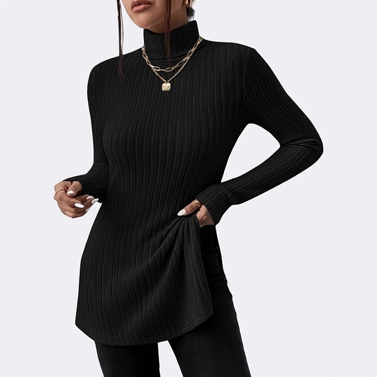Damen Gerippte Longline-Tunika mit Stehkragen, ausgestellten Ärmeln und Seitenschlitzen Shop Nory