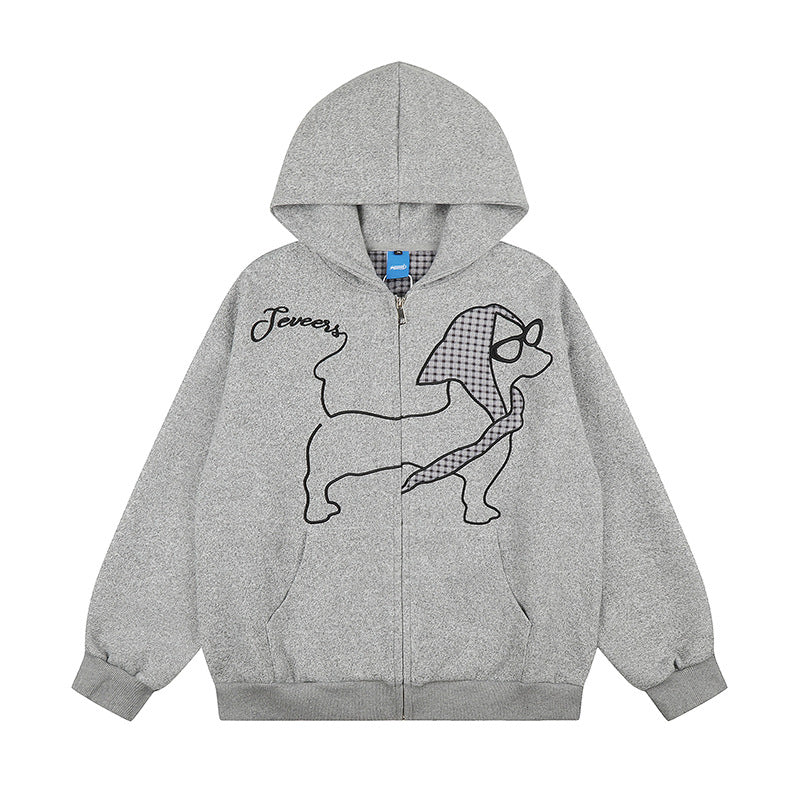 Damen Kapuzen-Zipjacke im Oversize-Cut mit gestickter Dackel-Illustration und Vichy-Detail Shop Nory