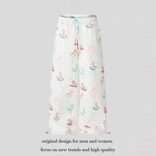 Damen Weite Palazzo-Loungehose mit Komfortbund, Kordelzug und verspieltem Schaukelpferd-Print Shop Nory