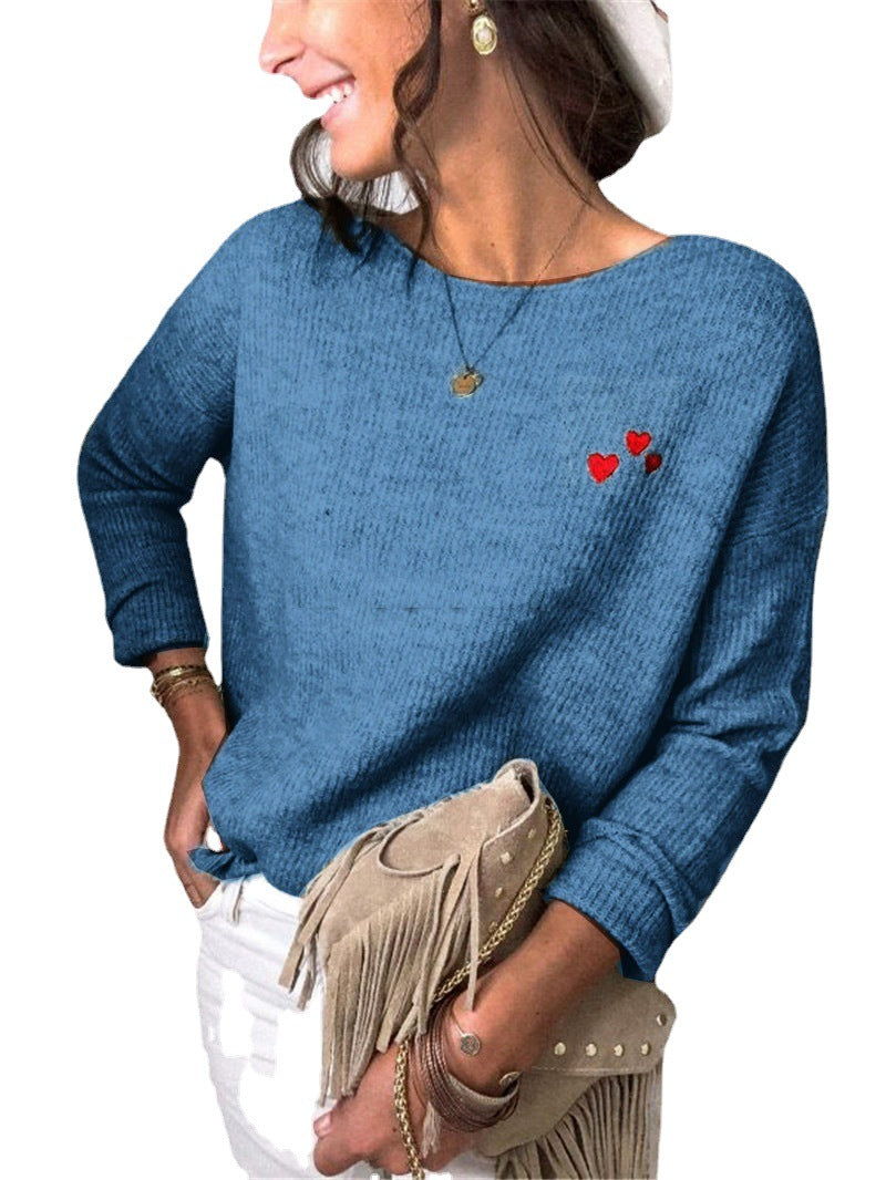 Damen Leichter Feinstrickpullover mit U-Boot-Ausschnitt, lockerem Sitz und Herzstickerei Shop Nory