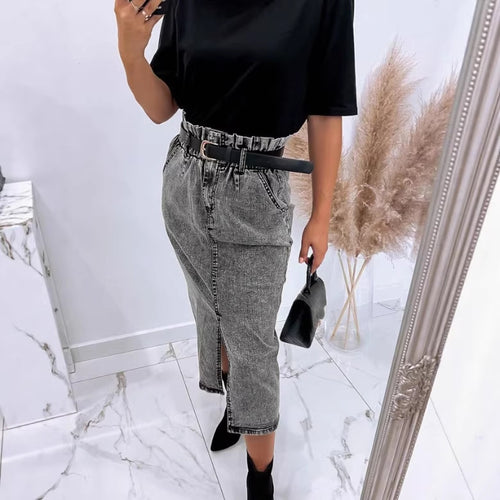 Damen Hochtaillierter Paperbag-Denim-Midirock mit Frontschlitz und Bindegürtel Shop Nory