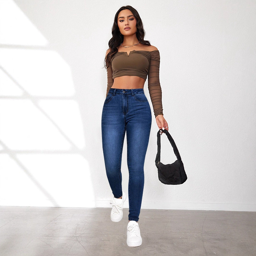 Damen High-Waist Skinny Jeans mit angedeuteten Taschen und elastischem Bund