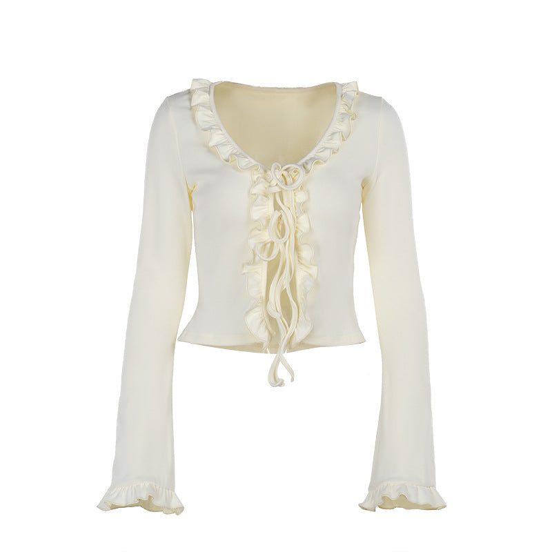 Damen Kurzes Rüschen-Longsleeve mit V-Ausschnitt und Schnürdetail Shop Nory