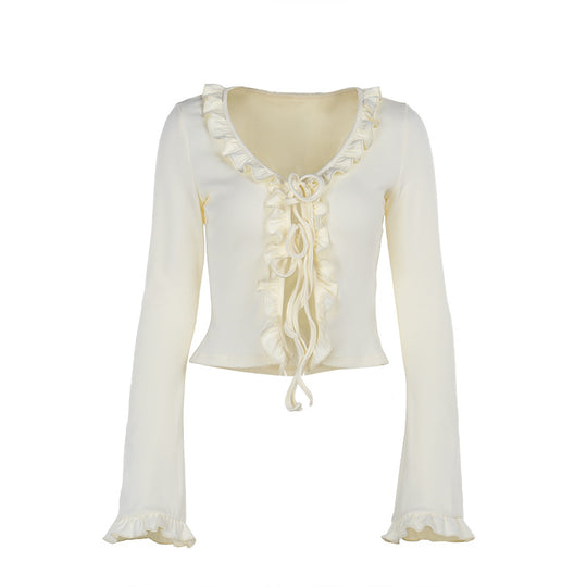 Damen Kurzes Rüschen-Longsleeve mit V-Ausschnitt und Schnürdetail Shop Nory