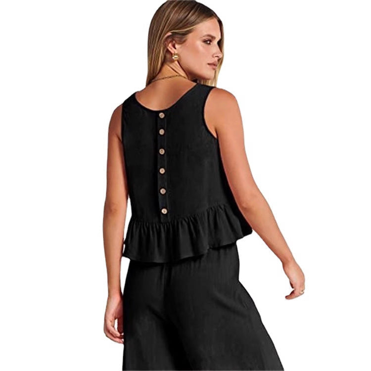 Damen luftiges Zweiteiler-Set mit schickem Peplum-Top und weitem Hose
