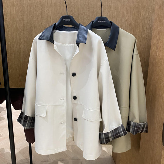 Damen Kurzjacke im Oversize-Trenchstil mit kontrastkragen aus Kunstleder und karierter Umschlagmanschette Shop Nory
