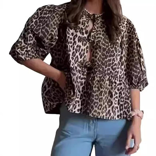 Damen Bluse mit voluminösen Ärmeln und modischem Leopardenmuster