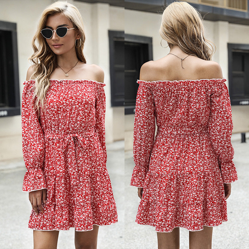 Damen schulterfreies Blumenkleid mit Carmenausschnitt, Taillenschnürung und Rüschensaum Shop Nory