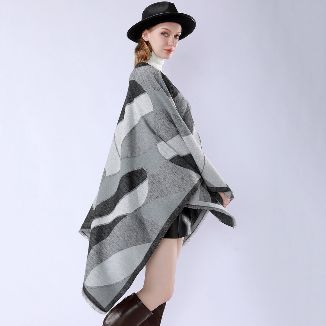 Damen Oversize-Poncho mit V-Ausschnitt und geometrischem Jacquard-Design Shop Nory