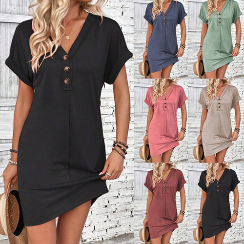 Damen Lockeres V-Ausschnitt Freizeitkleid mit Zierknopfleiste Shop Nory
