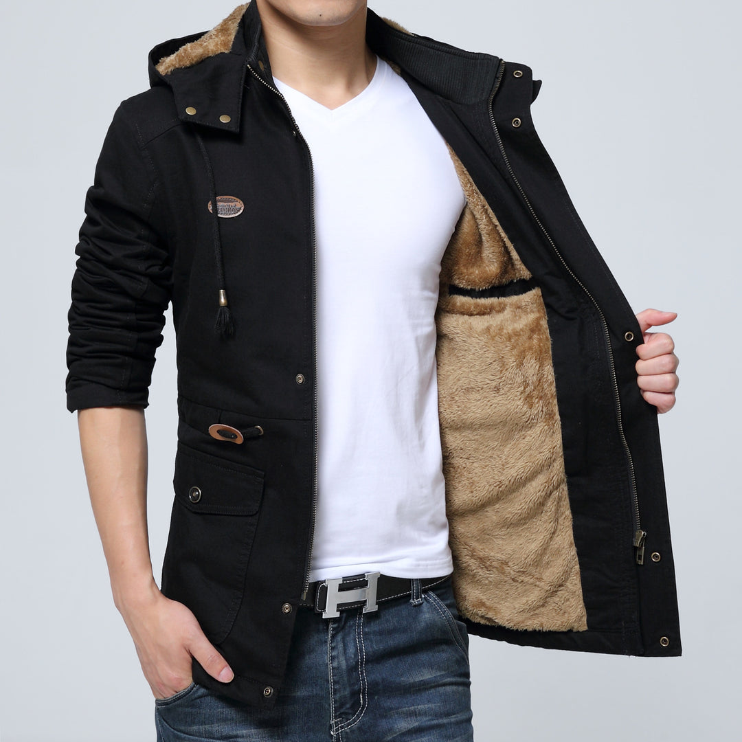 Herren leichter Utility-Parka mit Kapuze, Teddyfutter im Kragen und vertikaler Reißverschlusstasche Shop Nory