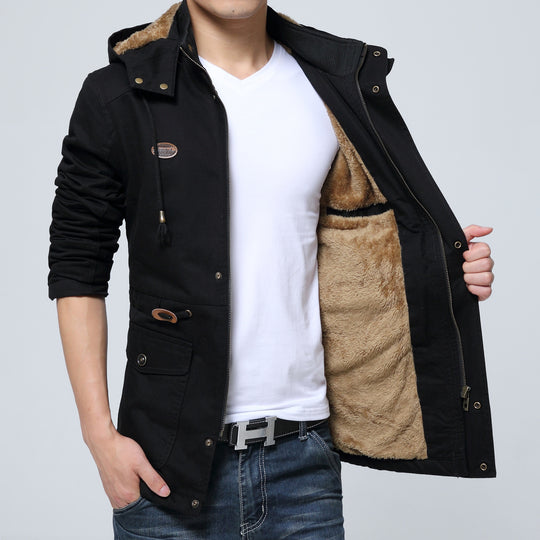 Herren leichter Utility-Parka mit Kapuze, Teddyfutter im Kragen und vertikaler Reißverschlusstasche Shop Nory
