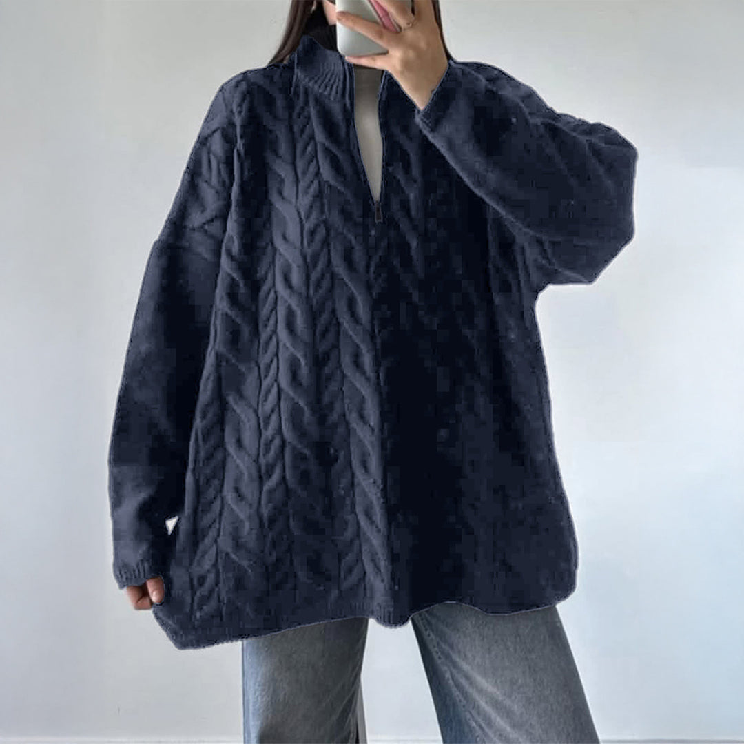 Damen nan oversized Zopfmuster-Troyer mit halbem Reißverschluss, hohem Stehkragen und gerundetem Saum Shop Nory
