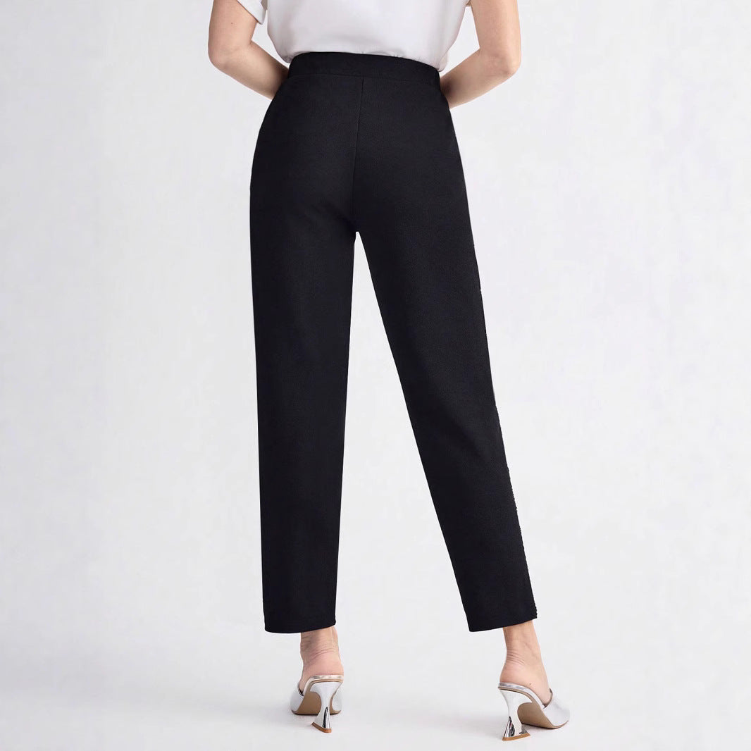 Damen Elegante gerade geschnittene Stoffhose mit elastischem Bund und seitlichem Glitzerbesatz Shop Nory