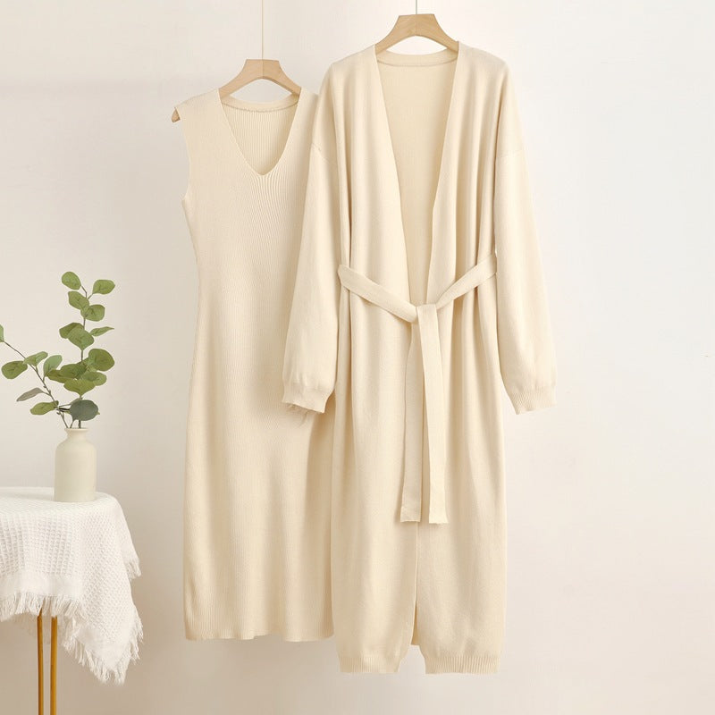 Damen 2-teiliges Kleid und Cardigan-Set mit V-Ausschnitt