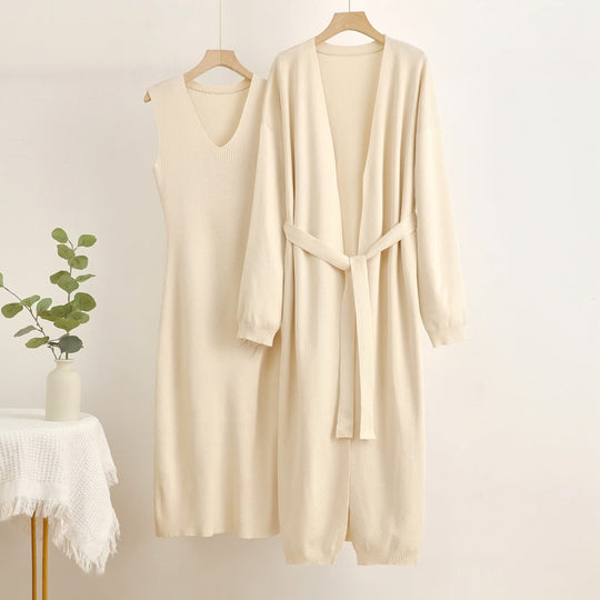 Damen 2-teiliges Kleid und Cardigan-Set mit V-Ausschnitt