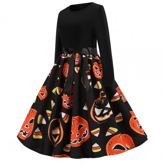 Damen Retro Swing-Kleid mit Halloween Kürbisprint und Taillenschleife Shop Nory