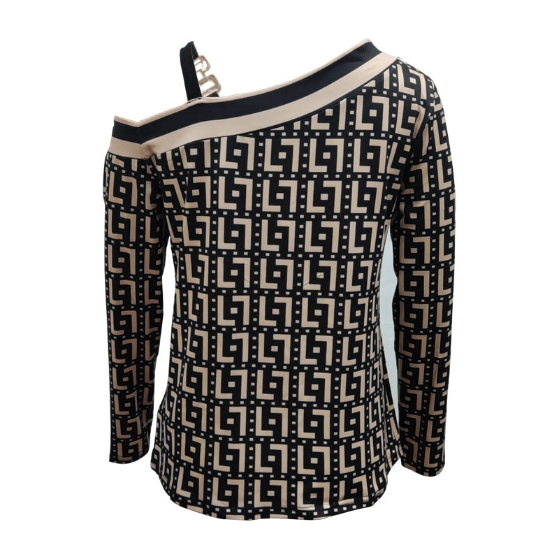 Damen Asymmetrisches Longsleeve mit One-Shoulder, Ziergurt und geometrischem Allover-Print Shop Nory